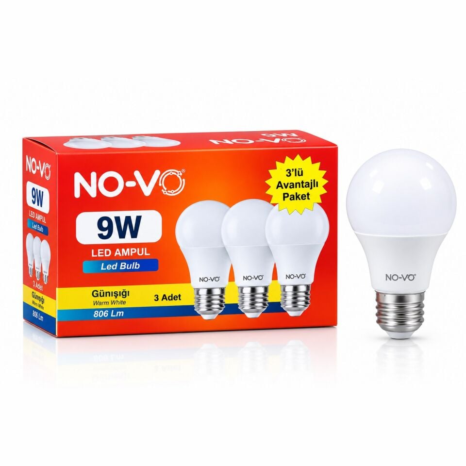 NO-VO 9W Beyaz LED Ampul 806 Lm 3'lü Kutu